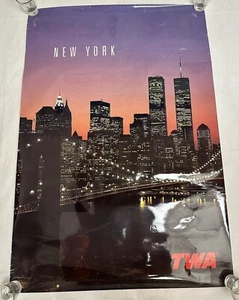 TWA NEW YORK WORLD TRADE 1999 Vintage Travel poster 26x38 AIRLINES Twin Towers - Picture 1 of 13