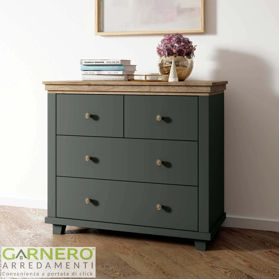 Comò 4 cassetti verde quercia design shabby provenzale camera da letto TEXEL   - Immagine 1 di 4