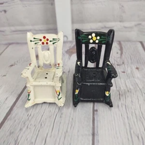 Rare VTG Cast Iron Amish Rocking Chair Salt & Pepper Shakers W/Corks Black White - Picture 1 of 6