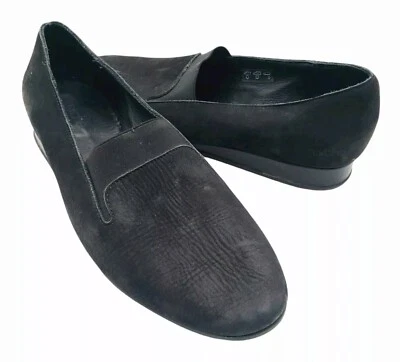 Arche Womens 9 Leather Mini Wedge Loafer Black Stretch Almond Toe Slip On Shoe - Image 1 of 4