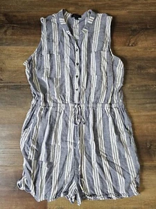 Kelly Renee Romper Womens XL Blue White Striped Linen Blend Shorts Pockets - Picture 1 of 7