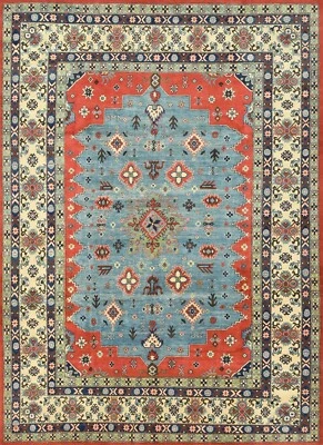 Alfombra Kazaja 9'1'' x 12'5'' Azul Lana Tribal Anudada a Mano Alfombra Oriental Foto 1 de 4