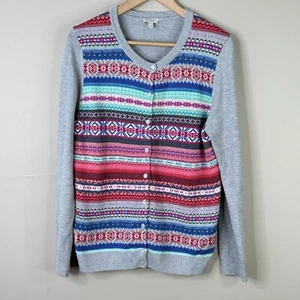 Talbots sz LARGE Cardigan Sweater Gray Multicolor Button Up Cotton Blend Preppy - Picture 1 of 5