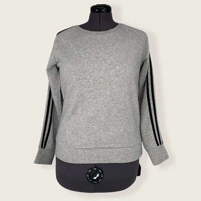 阿迪达斯女式棉质抓绒 3 条纹圆领灰色运动衫 S 码 DQ1414 — 第 1/4 张图片