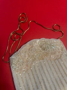 1950s White Beaded Vintage Clutch – Hand-Sewn Beads & Sequins, Brass Handle - Picture 1 of 9