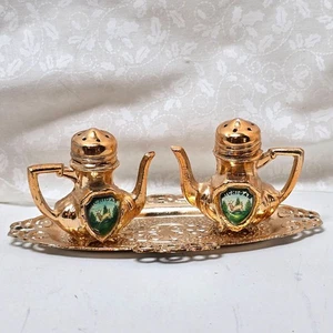 Michigan Souvenir Gold Tone Plated Teapot Salt & Pepper Shakers w/Tray VTG Japan - Picture 1 of 8