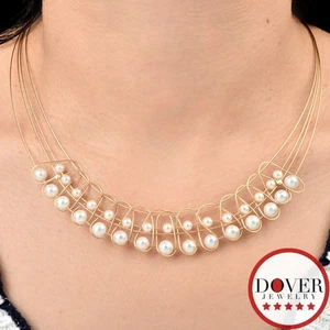 Estate 4-6mm Pearl 14K Yellow Gold Double Row Woven Necklace 15.3 Grams NR - Picture 1 of 8