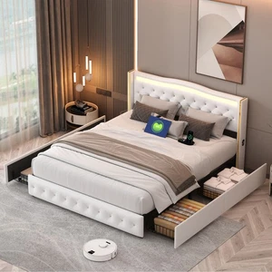 Polsterbett Doppelbett Stauraumbett mit 4 Schubladen LED-Light USB 140x200 cm - Bild 1 von 12