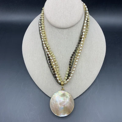 Collar Colgante Concha de Abulón Cuentas Imitación Perla Multi Hilo Boho Declaración Foto 1 de 4