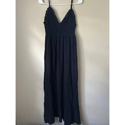 Y2K Charlotte Russe Black Crochet Bodice Maxi Dress Spaghetti Straps Ruffle Hem - Image 1 of 4