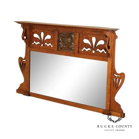 English Arts & Crafts Antique Oak Carved Mantel Mirror Cover
