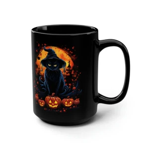 Halloween Scene Black Cat Ceramic Black Coffee Mug, Holiday Gift 11oz or 15oz - Picture 1 of 15