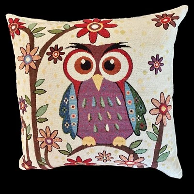 Vintage 1970s Tapestry Throw Pillow 17x17 Owl Floral Boho Retro Decor - Image 1 of 4