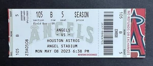 Biglietto Stub 2023 Houston Astros vs Los Angeles Angels 5/8/23 - come nuovo!!! - Foto 1 di 1