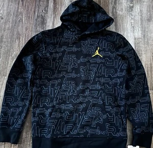 NWT Nike Air Jordan Boys YXL Black/Gray/Gold All Over Print Hooded Sweatshirt XL - Picture 1 of 2