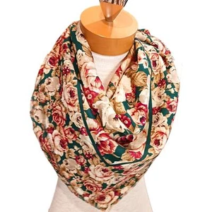 Vintage Axxess Wool Womens Floral Shawl Green Beige Japan 35" x 35" - Picture 1 of 6