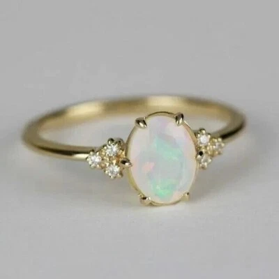 Oval Cut Simulated Fire Opal Women's Pretty Wedding Ring 14K Yellow Gold Plated - Image 1 of 4
