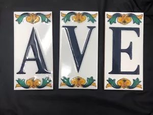Ceramic Spanish House Tiles w/ Floral Motif 6″ x 3″ Set Of 3 Tiles Spell “AVE” - Picture 1 of 4