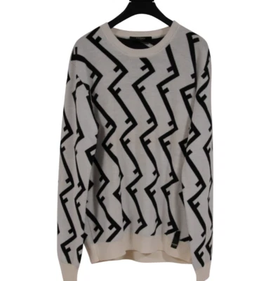 Fendi MensGeometric FF  Logo Sweater Large IT 50 Large Tan Black Wool Pullover - Image 1 of 4