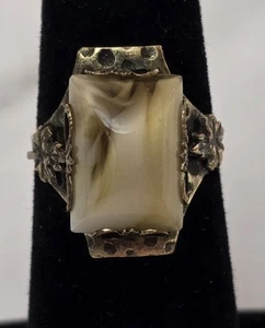 Vintage Old Statement Leaf Themed Brass Agate Ring - Picture 1 of 8