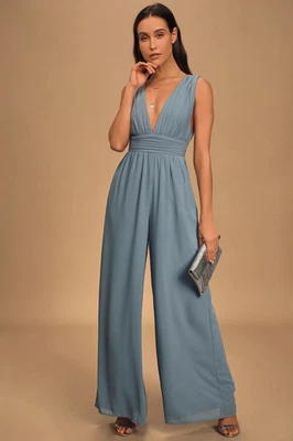 Para mujeres NUEVO CON ETIQUETAS LULUS Mono M Azul Maxi Sin Mangas Cuello en V Pantalón Vestido Formal Foto 1 de 4