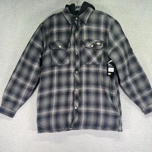 Dickies Hooded Shirt Jacket Mens Medium Gray Plaid Full Zip Water Repellent Work - Picture 1 of 5