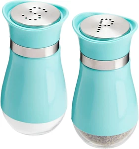 Stainless Steel Turquoise Salt and Pepper Shakers with Transparent Glass Bottoms - Picture 1 of 12