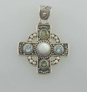 Bali Designs BA 18k Sterling Silver Multi-Stone Topaz Peridot MOP Cross Pendant - Picture 1 of 5