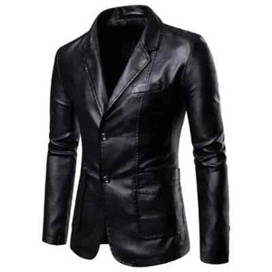 Blazer de cuero de piel de cordero formal para fiesta para hombre negro de dos botones hecho a mano ajuste genuino - Imagen 1 de 5