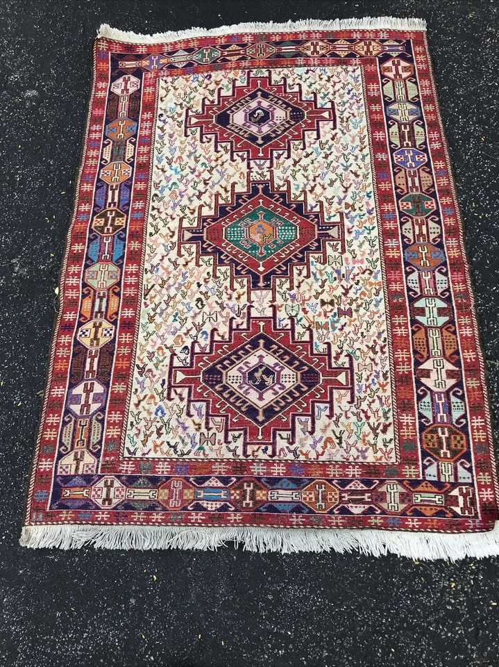 Caucasian Soumak Rug Handmade Vintage 40”x 59” Silk , Cotton Foundation - Image 1 of 4
