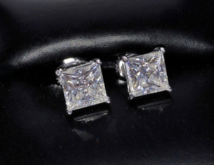 2Ct Princess Lab Created Diamond Screw Back Stud Earring's 14K White Gold Plated