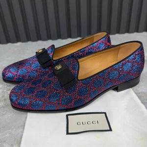 NEW GUCCI Tiger Buckle GG Loafers Blue Red Lurex 9.5 US 39.5 EUR * - Picture 1 of 12