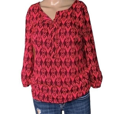 Merona Womens Blouse Top Shirt Silky Geometric Print Pullover Red Orange XS - Image 1 of 4