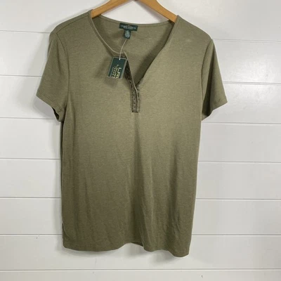 Camisa Lauren Jeans Co Para Mujer Mediana Verde Henley Borde Con Cuentas Manga Corta Top Foto 1 de 4