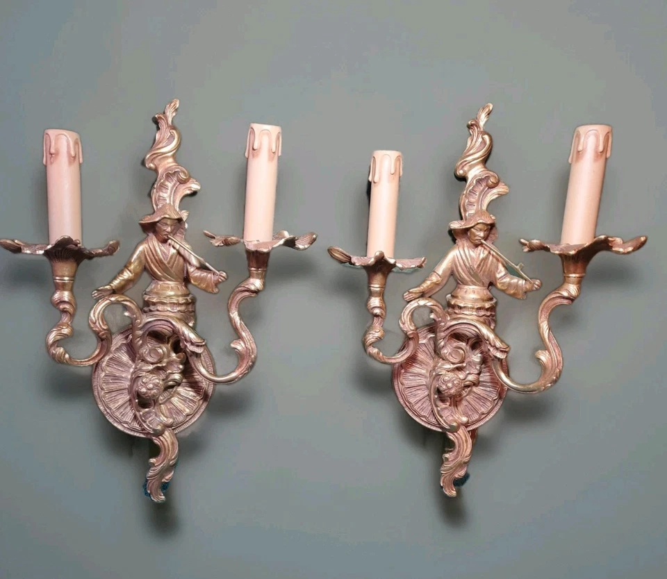 Vintage Wall Scone Louis XV  Chinoiserie Figural Lamp Set of 2 16x10 - Image 1 of 4