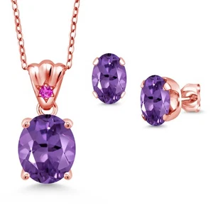 18K Rose Gold Plated Silver Amethyst and Pink Sapphire Pendant and Earrings - Picture 1 of 3