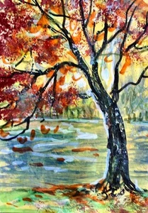 ACEO Original Painting TREE Autumn Landscape Sun FALL Leaves Nature ATC ART - Picture 1 of 1
