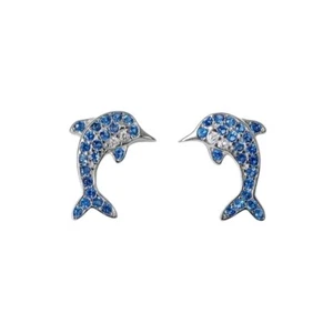 Clear & Blue Rhinestones Dolphin Pierced Stud Post Earrings - New - Picture 1 of 2