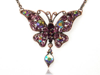 Lindo Collar Colgante Colgante Colgante Mariposa Lágrima Tono Bronce Antiguo Rosa Púrpura Foto 1 de 4
