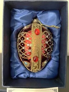 Sorelle Hand Crafted Glass Egg Christmas Ornament Red Gold Gems & Glitter w/ Box - Picture 1 of 4