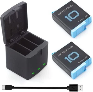 2-Pack Hero 10 Replacement Batteries & 3-Channel USB Charger For GoPro Hero 10 - Picture 1 of 7