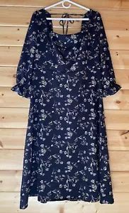 Rihoas Women's XL Floral Print Long Sleeve Midi Dress Tie Back Black NWT - Picture 1 of 17