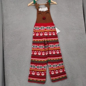 Born Famous Overalls Girl Medium 7-8 Red Reindeer Romper Ugly Christmas Holiday - Picture 1 of 11