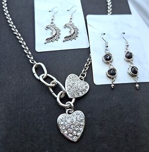 Bijoux Terner heart necklace with half moon earrings 1.5" & Black glass 2"
