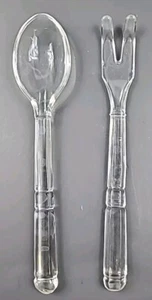 Glass Salad Serving Spoon & Fork Crystal Clear Hexagon Handle Heavy Duty 10" VTG - Picture 1 of 7