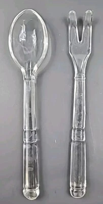 Glass Salad Serving Spoon & Fork Crystal Clear Hexagon Handle Heavy Duty 10" VTG - Image 1 of 4