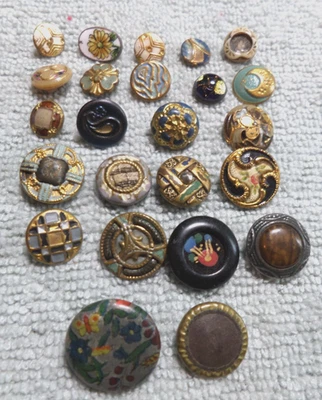 24 Antique Vintage Metal Celluloid Assorted Buttons VARIOUS PATTERNS COLORS - Image 1 of 4