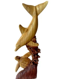 Dolphin & Tortoise 20 Inch Hand Carved Wood Sculpture - Picture 1 of 6