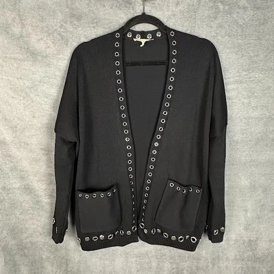 Maje Sweater Womens 1 US Small Black Cardigan Metallica Grommet Pockets Rock - Image 1 of 4