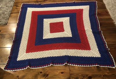 Manta abuela ganchillo vintage afgana roja blanca y azul Foto 1 de 4